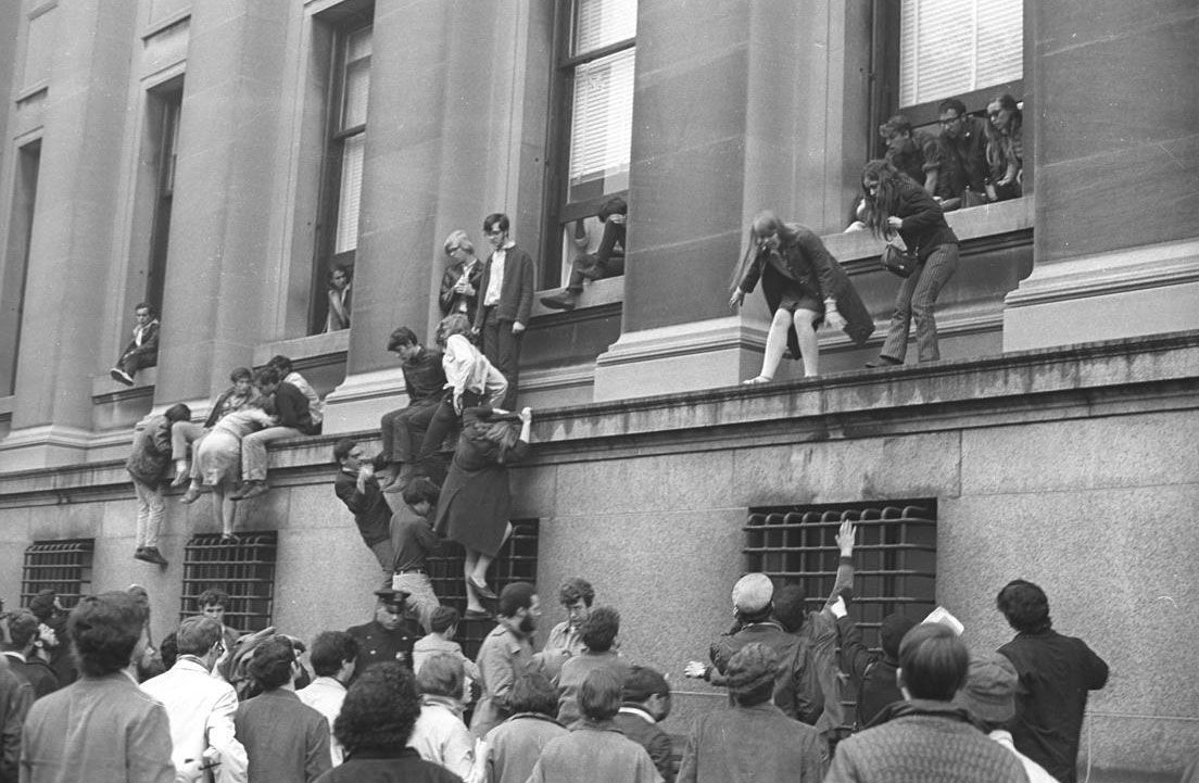 An image of the 1968 Columbia Protests, which instigated the founding of the SGB a year later. 